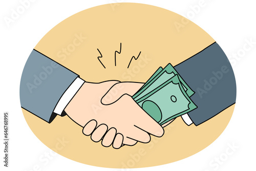 Businessmen shaking hands giving money bribe. Close-up of male business partners handshake closing deal. Financial bribery concept. Vector illustration.