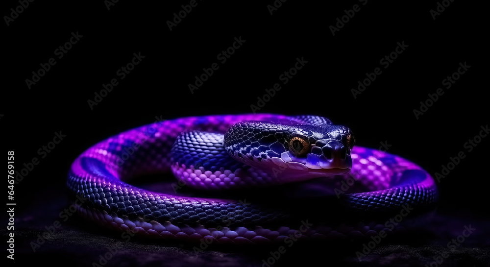 Fototapeta premium coiled bright purple snake on black background