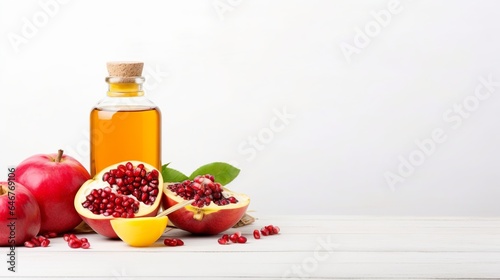 Rosh Hashana background with apple honey and pomegranate, white background