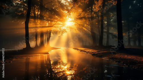 autumn landscape in the forest  the sun s rays break through the fog  morning sunrise in the wild nature