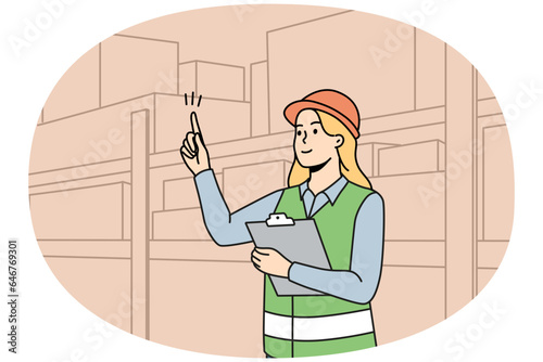Woman engineer in uniform working at warehouse. Female employee in helmet busy at depot or storehouse. Vector illustration.