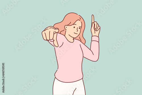 Woman points finger up and at screen, urging people to pay attention to ad or support protest