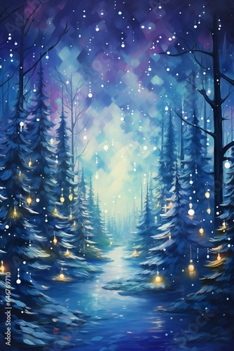 Oil painting magical forest with Christmas trees and glowing bokeh lights Generative AI