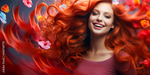 beautiful happy gorgeous red-haired girl with blowing hair and flying flowers. beauty concept