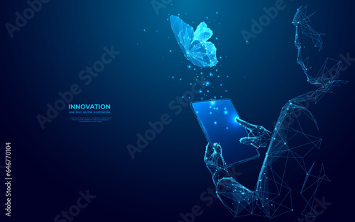 Abstract digital butterfly flying out from tablet computer. The businessman holds the device and taps on screen. Technology evolution and innovation concept. Futuristic low poly wireframe illustration