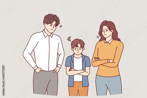 Angry parents and punished child, for concept parenting problems and lack of family understanding. Punished boy offended by parents due to overprotection or house arrest after bad grades at school
