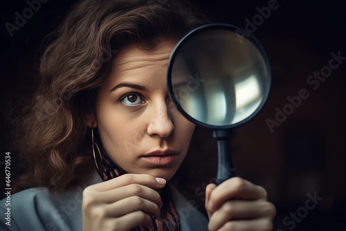 Woman magnifying spy glass. Generate Ai