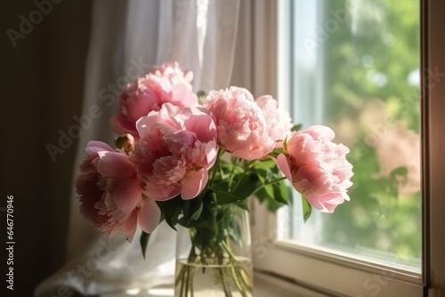 A view of a bouquet of pink peonies standing in a vase on the window. Generative AI 