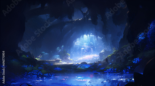 Fantastic magical cave with a pond in the rays of blue light