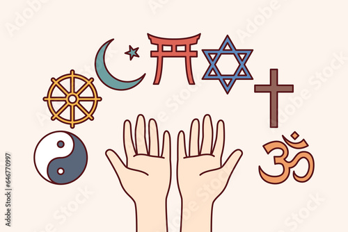 Symbols of religions and confessions near hands of person choosing best religion for worship or studying clergy. Islamic and christian religion icon near buddhism and judaism sign.