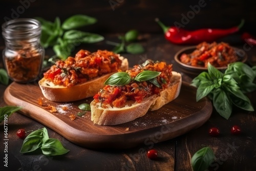 Bruschetta with sun dried tomatoes, basil leaves and garlic. Generative AI photo