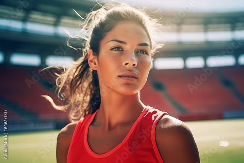 Portrait woman soccer player sweating on the field sunny day at stadium
