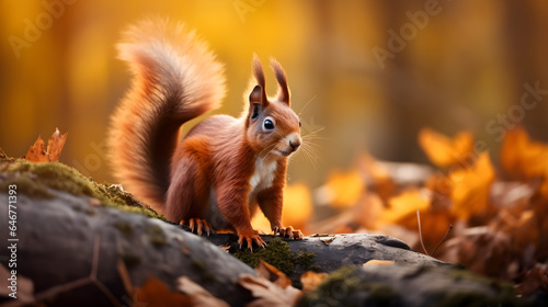 Beautiful red squirrel in the autumn forest