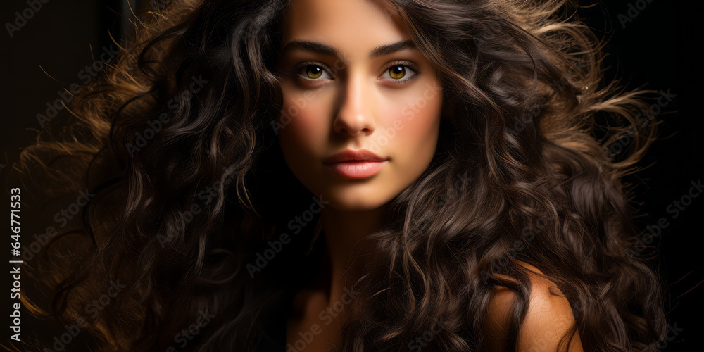 Fototapeta premium Beautiful young woman with blowing wavy long brunette hair on black background. Hair Style, hair care