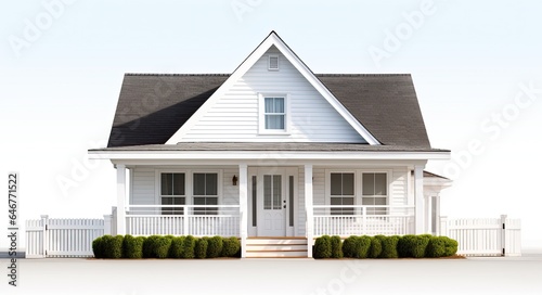 Three-Dimensional House Isolated on White Background with Exterior Home Building, Entrance Railing photo