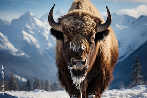 A large bison against the backdrop of winter mountains