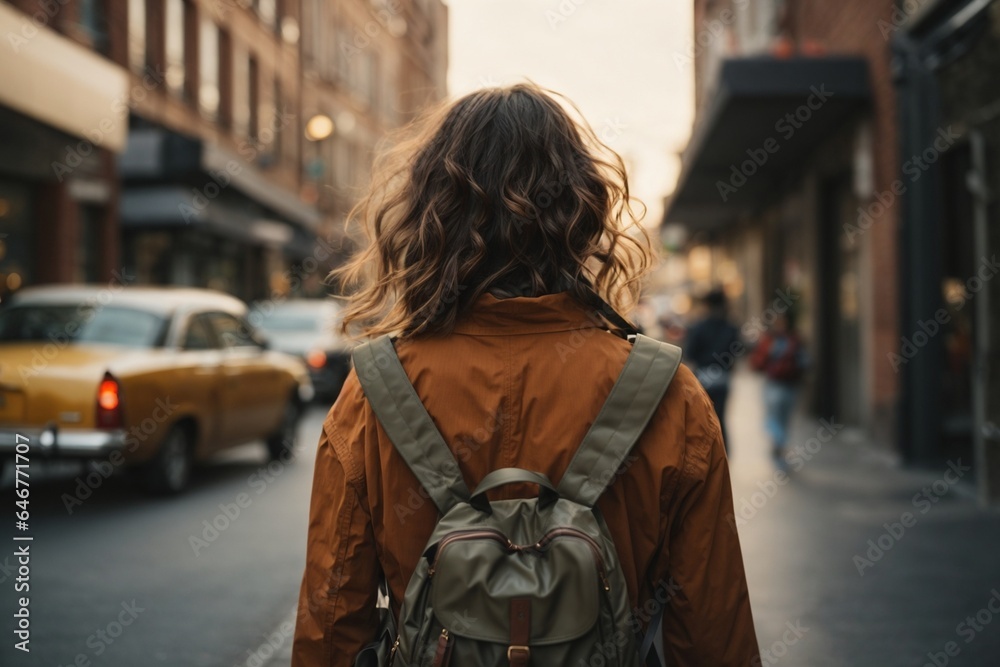 Back view of young woman traveler backpack in the city.