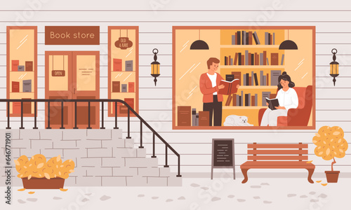 Bookshop with people inside reading books in big window. Autumn street with lanterns, bush, bench. Woman sitting in the chair, man standing, cat sleeping indoor. Cozy vector illustration. Town life.