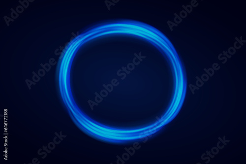 Round blue light. Luminous spiral cover. Wake wave, fire trajectory wake line and vortex effect curve.