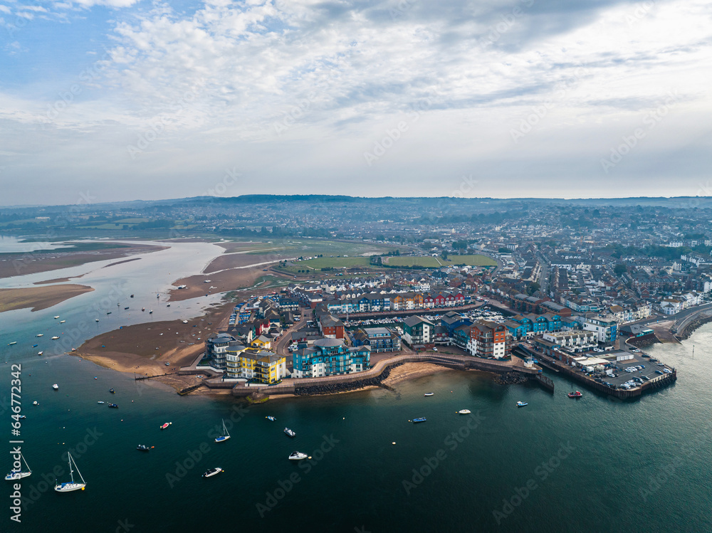 Exmouth and River Exe from a drone, Dawlish Warren, Devon, England, Europe