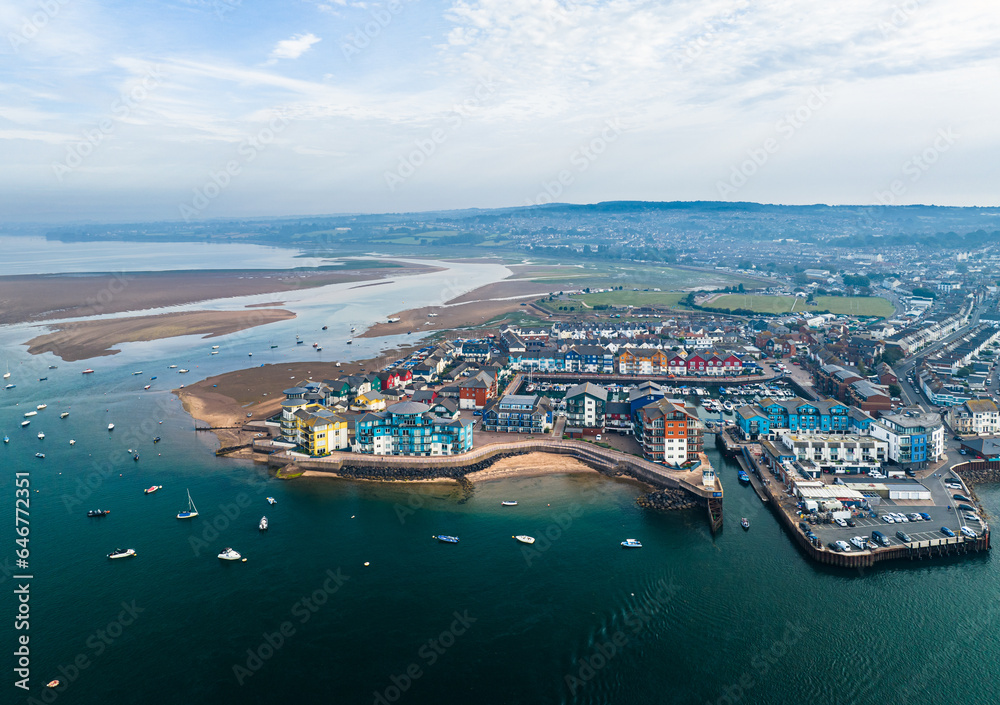 Exmouth and River Exe from a drone, Dawlish Warren, Devon, England, Europe