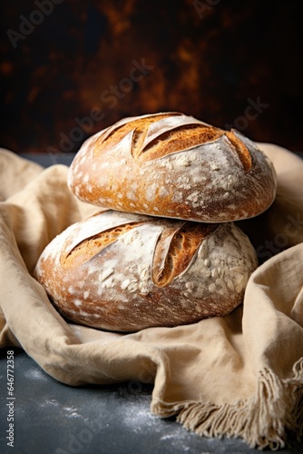 Pyramid of three tasty sourdough bread with brown crust on a rustic table background