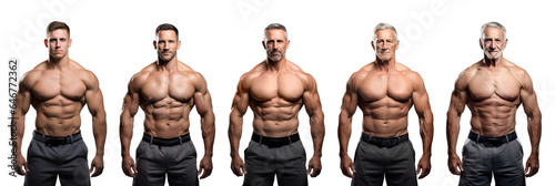 Muscular athletic man aging from young to middle-aged to old senior isolated on transparent white background