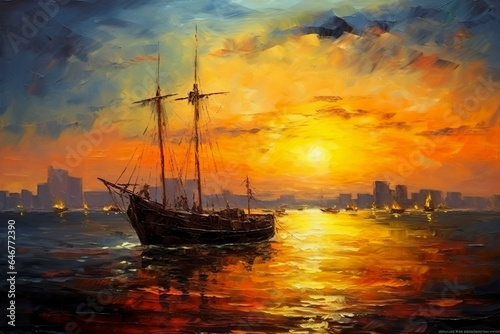 Oil Painting of a Fisherman Boat at Sunset on Sea. Sea Landscape concept.