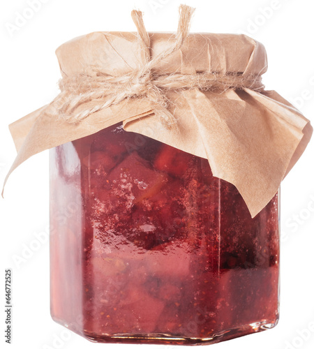 Close-up of glass jar full of delicious red lingonberry cowberry bearberry red bilberry whortleberry foxberry huckleberry pear jam with lid wrapped in beige craft paper on white background. Isolated.