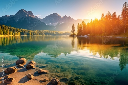 Impressive summer sunrise on Eibsee Lake with Zugspitze mountain range.