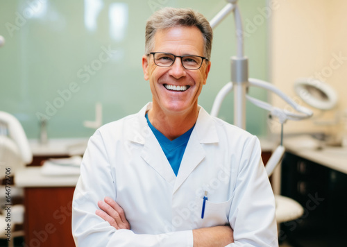 Smiling dentist standing with arms folded in clinic. Professional dental hygienist  service and care