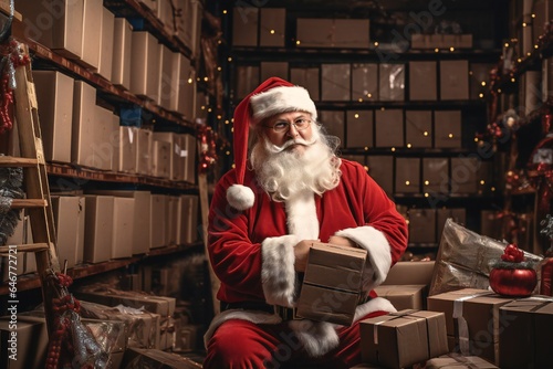 Santa Claus in his magic Christmas gifts warehouse, empty copy space Generative AI