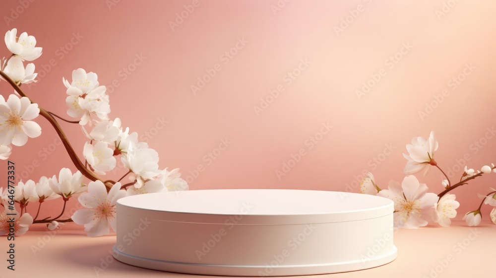 Mock-up with podium on pastel toned background with spring branches with flowers. Elegant background for product presentation or showcase Mock-up with podium on pastel toned background with spring branches with flowers. Elegant background for product presentation or showcase