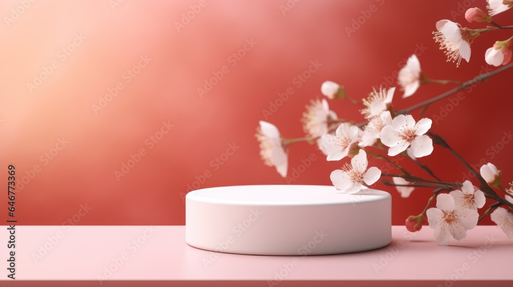 Mock-up with podium on pastel toned background with spring branches with flowers. Elegant background for product presentation or showcase Mock-up with podium on pastel toned background with spring branches with flowers. Elegant background for product presentation or showcase