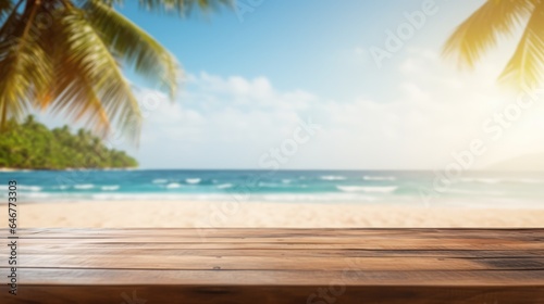 Mock up with empty wooden desk on blurred tropical background with sand or ocean and palm trees. Background for product presentation or showcase © eireenz