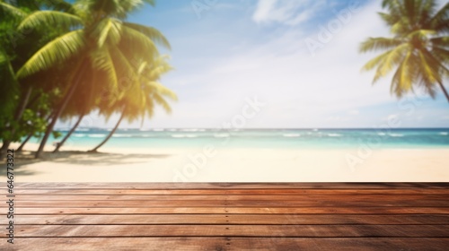 Mock up with empty wooden desk on blurred tropical background with sand or ocean and palm trees. Background for product presentation or showcase