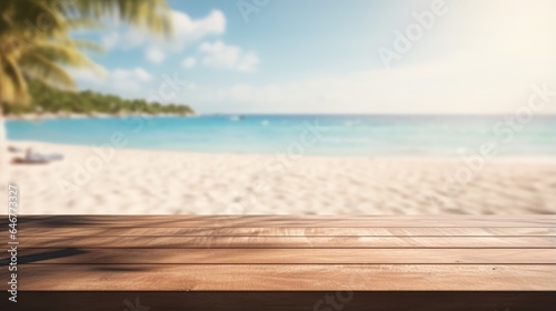 Mock up with empty wooden desk on blurred tropical background with sand or ocean and palm trees. Background for product presentation or showcase