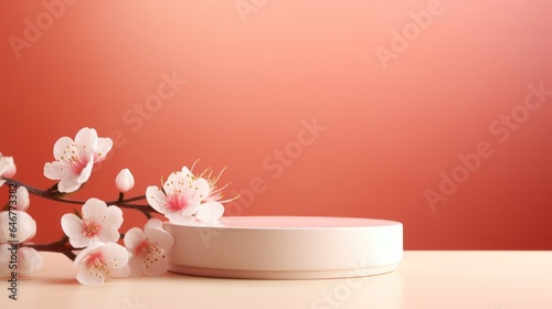 Mock-up with podium on pastel toned background with spring branches with flowers. Elegant background for product presentation or showcase