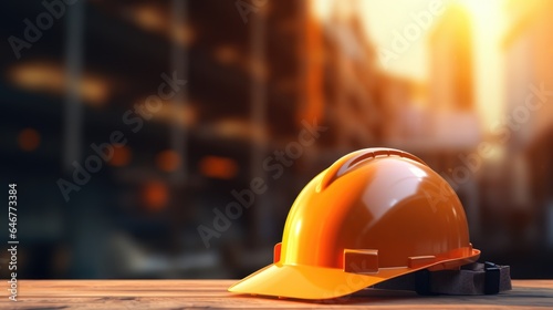 Construction helmet on blurred background of construction site. Hard safety wear head protection concept