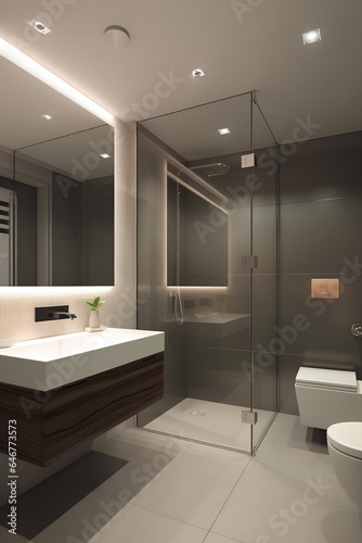 Hifh-tech style interior of bathroom in luxury house.