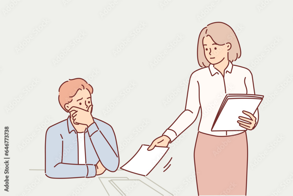 Frightened man student receives form with tests or examination questions from female professor Frightened man student receives form with tests or examination questions from female professor