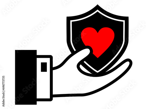 Heart icon with shield in a hand. Black and White line art style, editable vector file on transparent background. Insurance concept
