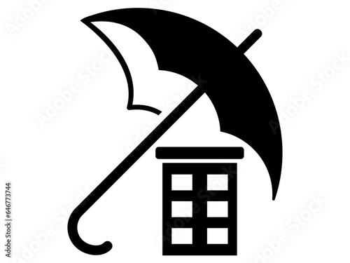 Building icon under umbrella. Black and White line art style, editable vector file on transparent background. Insurance, security and protection concept