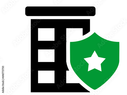 House with shield icon, Natural disaster, flood and insurance concept. Black and White line art style, editable vector file on transparent background. Insurance concept