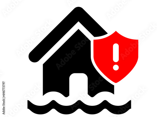 House and flood icon, Natural disaster, flood and insurance concept. Black and White line art style, editable vector file on transparent background. Insurance concept