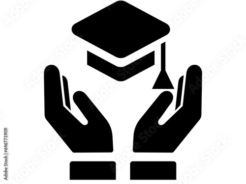 Graduation cap between hands icon. Black and White line art style, editable vector file on transparent background. Educaation, insurance, support concept