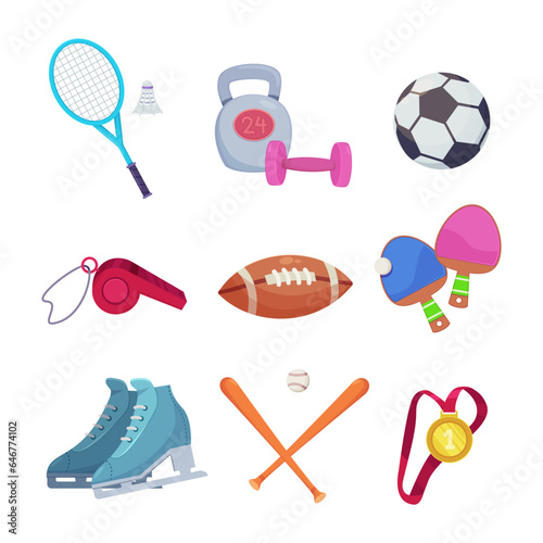 Gym sports equipment and items vector illustrations set. Badminton racket, dumbbell, soccer ball, whistle, table tennis, ice skates, baseball bat, gold medal. Sport, physical activity concept