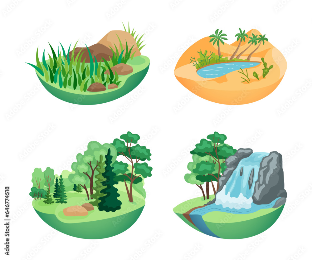 Models of natural landscapes vector illustrations set. Collection of cartoon drawings of grass and stones, oasis in desert, forest with trees, waterfall. Nature, ecology, ecosystem concept