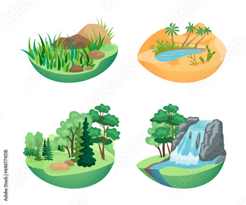 Fototapeta Naklejka Na Ścianę i Meble -  Models of natural landscapes vector illustrations set. Collection of cartoon drawings of grass and stones, oasis in desert, forest with trees, waterfall. Nature, ecology, ecosystem concept
