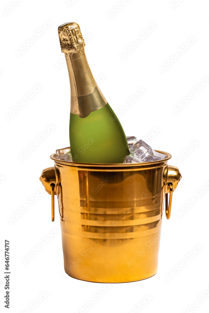PNG, A bottle of champagne in a bucket of ice. Isolate